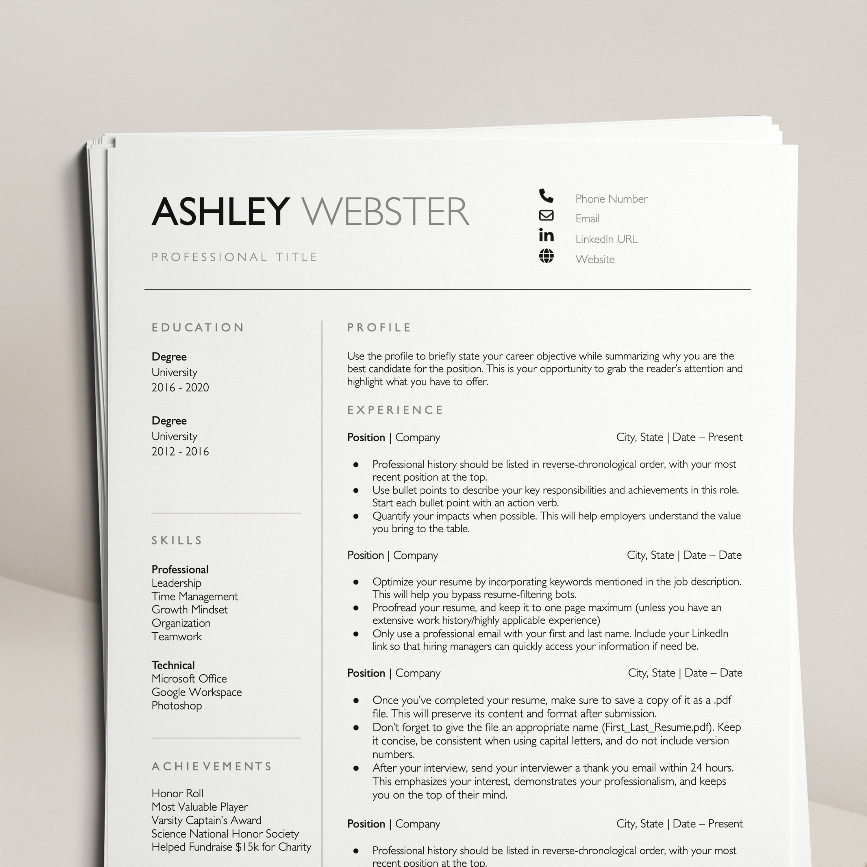 Modern Minimal Resume Template for Word Google Docs Pages - Etsy