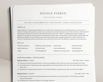 Könnte beinhalten: Ein Lebenslauf für eine examinierte Krankenschwester namens Nicole Pierce. Der Lebenslauf listet ihre Fähigkeiten, Berufserfahrung und Kontaktinformationen auf.