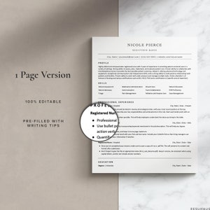 Op de afbeelding: Een cv-sjabloon voor een geregistreerde verpleegkundige. Het sjabloon bevat secties voor profiel, vaardigheden, werkervaring en opleiding. Het sjabloon is 100% bewerkbaar en bevat schrijftips.