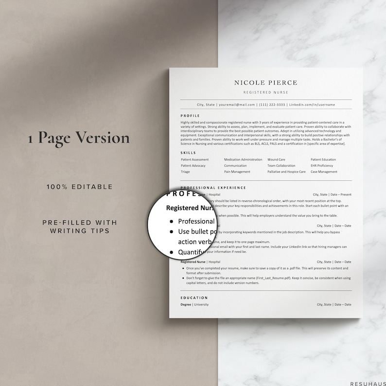 Op de afbeelding: Een cv-sjabloon voor een geregistreerde verpleegkundige. Het sjabloon bevat secties voor profiel, vaardigheden, werkervaring en opleiding. Het sjabloon is 100% bewerkbaar en bevat schrijftips.