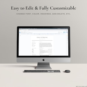 Może przedstawiać: Ekran komputera wyświetlający szablon CV z tekstem "Easy to Edit & Fully Customizable" i "Change Font, Color, Headings, Add/Delete, Etc." u g&oacute;ry. CV jest dla Emily Sterling i zawiera sekcje dotyczące informacji kontaktowych, profilu, wykształcenia, doświadczenia, umiejętności i język&oacute;w.