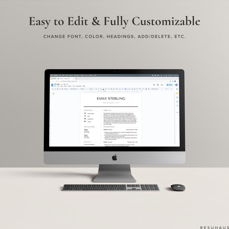 Może przedstawiać: Ekran komputera wyświetlający szablon CV z tekstem "Easy to Edit & Fully Customizable" i "Change Font, Color, Headings, Add/Delete, Etc." u g&oacute;ry. CV jest dla Emily Sterling i zawiera sekcje dotyczące informacji kontaktowych, profilu, wykształcenia, doświadczenia, umiejętności i język&oacute;w.