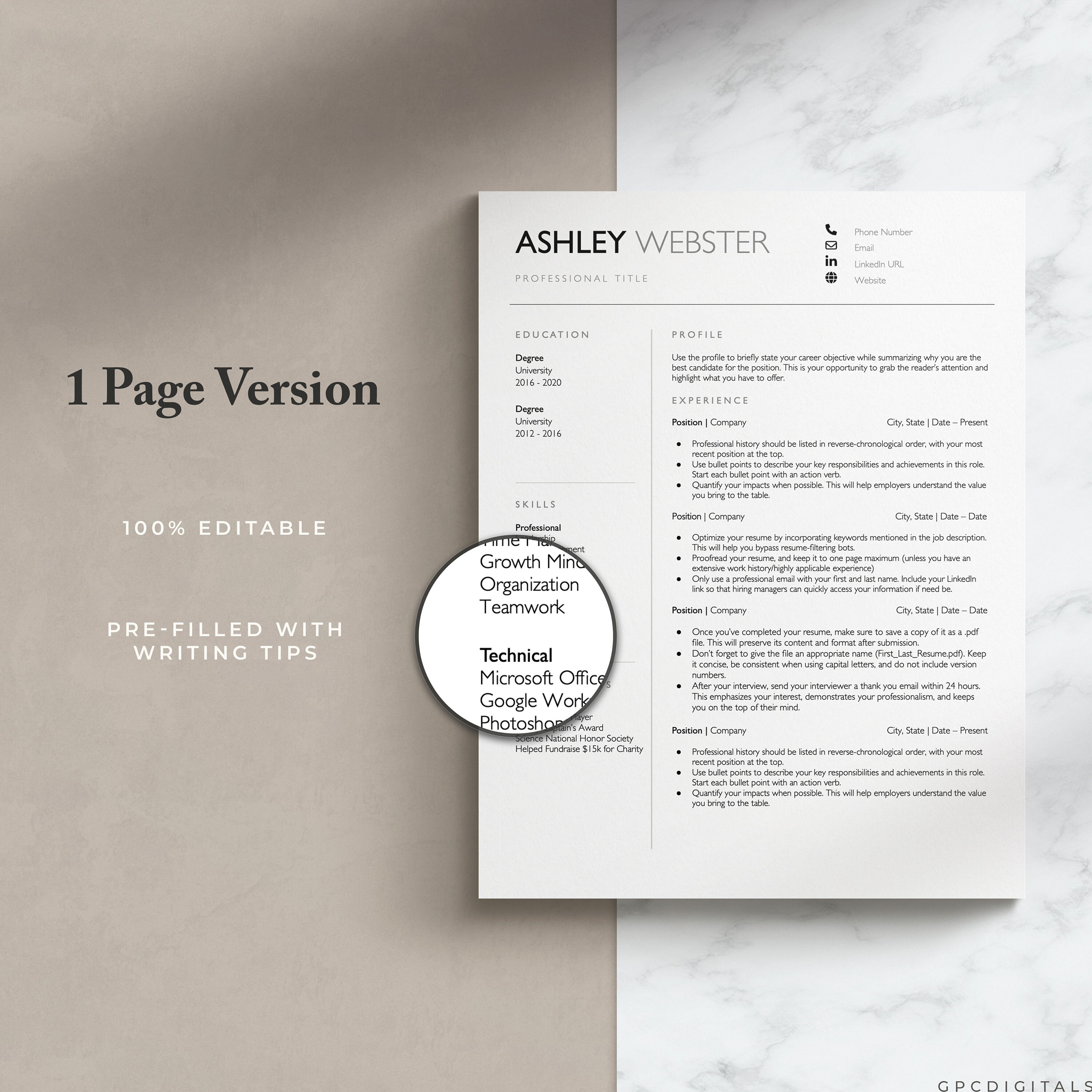 Modern, Minimal Resume Template for Word, Google Docs, Pages CV