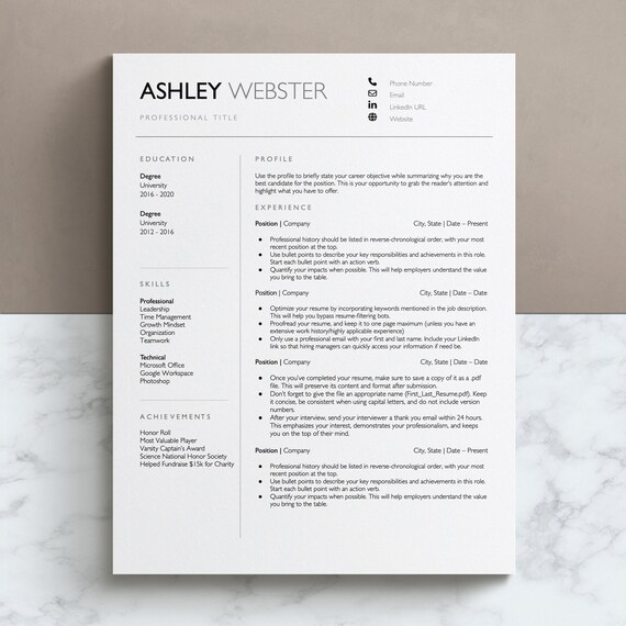 Modern, Minimal Resume Template for Word, Google Docs, Pages | CV | Professional Resume | Editable Resume | Curriculum Vitae | Cover Letter