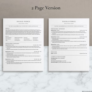 Op de afbeelding: Een cv-sjabloon van twee pagina's voor een geregistreerde verpleegkundige genaamd Nicole Pierce. Het cv bevat secties voor profiel, vaardigheden, professionele ervaring, opleiding, licenties en certificeringen. Het cv is opgemaakt met een schoon en modern ontwerp.