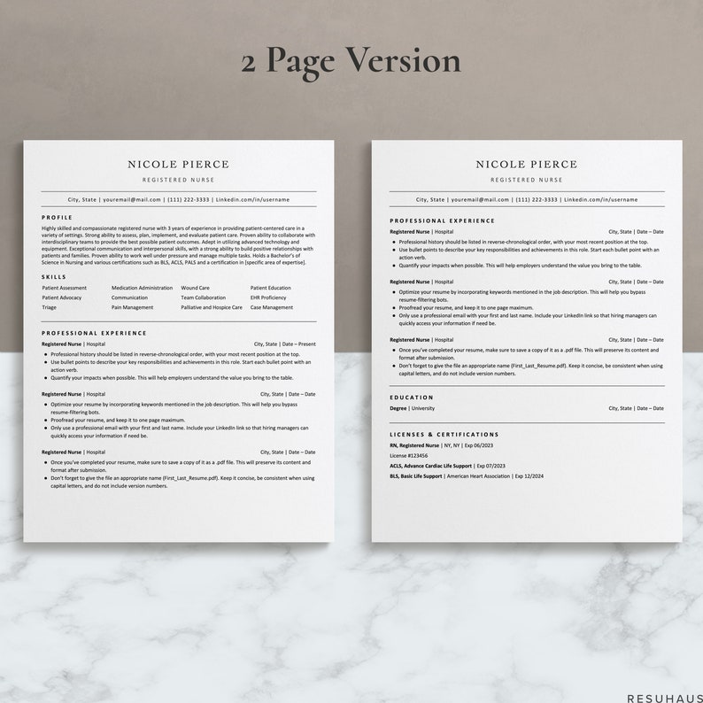Op de afbeelding: Een cv-sjabloon van twee pagina's voor een geregistreerde verpleegkundige genaamd Nicole Pierce. Het cv bevat secties voor profiel, vaardigheden, professionele ervaring, opleiding, licenties en certificeringen. Het cv is opgemaakt met een schoon en modern ontwerp.