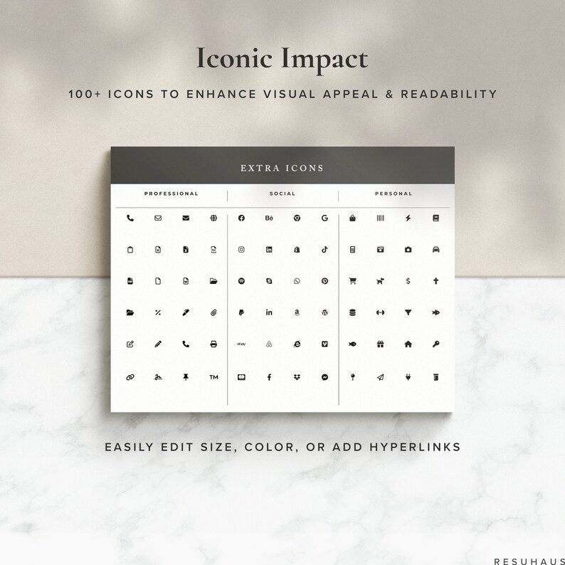 K&ouml;nnte beinhalten: Eine schwarz-wei&szlig;e Grafik mit &uuml;ber 100 Icons, die in die Kategorien professionell, sozial und pers&ouml;nlich unterteilt sind. Der Text "Iconic Impact" und "100+ ICONS TO ENHANCE VISUAL APPEAL & READABILITY" befindet sich oben auf der Grafik. Der Text "EASILY EDIT SIZE, COLOR, OR ADD HYPERLINKS" befindet sich unten auf der Grafik.