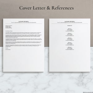 May include: A black and white cover letter and references page for Zachary Mitchell. The cover letter is a formal letter of introduction for a job application. The references page lists contact information for people who can vouch for Zachary's skills and experience.