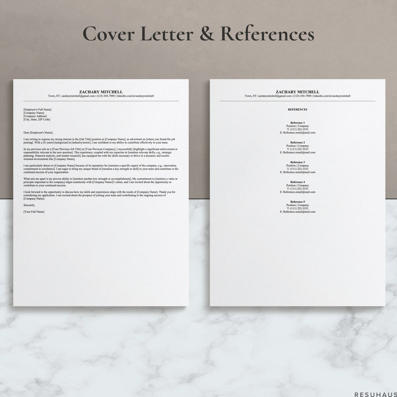 May include: A black and white cover letter and references page for Zachary Mitchell. The cover letter is a formal letter of introduction for a job application. The references page lists contact information for people who can vouch for Zachary's skills and experience.