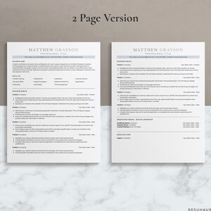 May include: A two-page resume template with a gray background and white text. The resume is for Matthew Grayson, who is applying for a professional title. The resume includes sections for overview, skills, experience, professional development, and education.