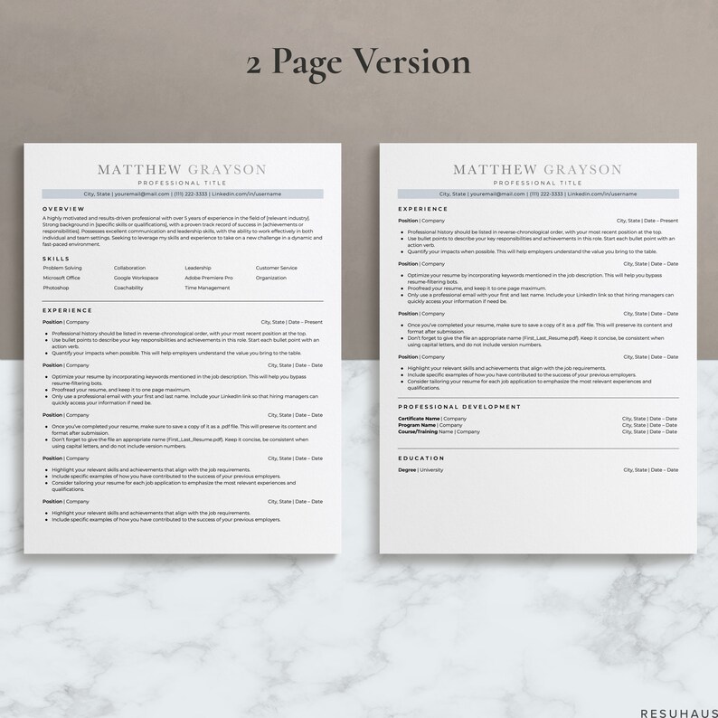 May include: A two-page resume template with a gray background and white text. The resume is for Matthew Grayson, who is applying for a professional title. The resume includes sections for overview, skills, experience, professional development, and education.