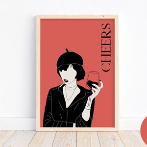 Printable French Girl Wine Lovers Wall Art In Raspberry Blush | Instant Download, Bar Cart Decor, Housewarming Gift