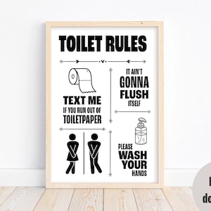 Printable Bathroom Quote Wall Art  | Housewarming Gift | Funny Toilet Rules Bathroom Sign