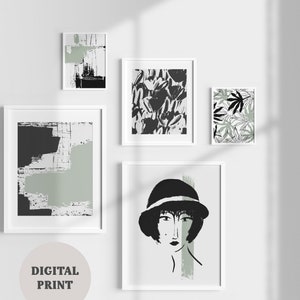 Gallery Wall Set Mid Century Modern | Printable Abstract Sage green Wall Art Set of 5