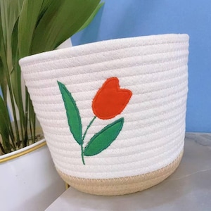 Embroidery Storage Basket | Cotton Rope Basket | Laundry Wardrobe Storage Basket | Storage Box Gift Basket | Small Basket - White/Brown