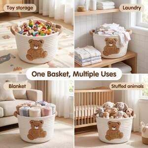 Pode incluir: Uma cesta de corda branca com uma aplica&ccedil;&atilde;o de urso de pel&uacute;cia castanho. A cesta &eacute; mostrada cheia de brinquedos, roupa suja, cobertores e bichos de pel&uacute;cia. O texto "One Basket, Multiple Uses" &eacute; exibido.