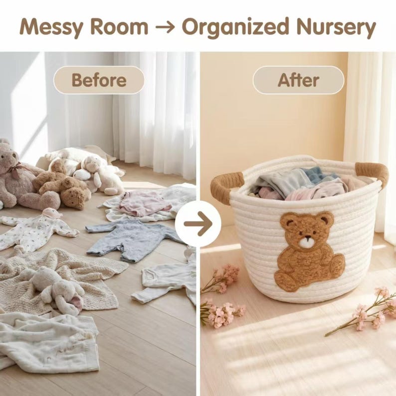 Pode incluir: Uma imagem mostra a compara&ccedil;&atilde;o de um quarto de crian&ccedil;a bagun&ccedil;ado e um organizado. O lado 'antes' mostra roupas de beb&ecirc; e brinquedos espalhados. O lado 'depois' apresenta uma cesta de corda branca com um design de ursinho, cheia de roupas dobradas.