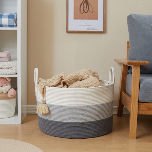 Handmade Cotton Rope Basket: Woven Laundry Hamper, Farmhouse Decor