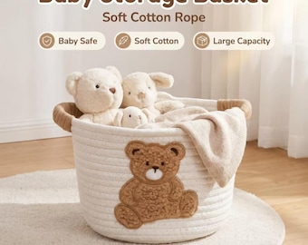 Cesto de algodão para berçário, organizador de brinquedos e bichinhos de pelúcia para bebês e crianças, com estampa de urso, decoração neutra para quarto de bebê, presente para chá de bebê.