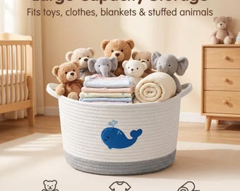 Cesto de corda de algodão em formato de baleia para berçário, organizador de brinquedos com tema oceânico e estilo boho costeiro.