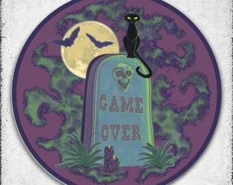 Game Over Sticker, Retro Gaming Pixel Art, Spooky Black Cat Vinyl Decal