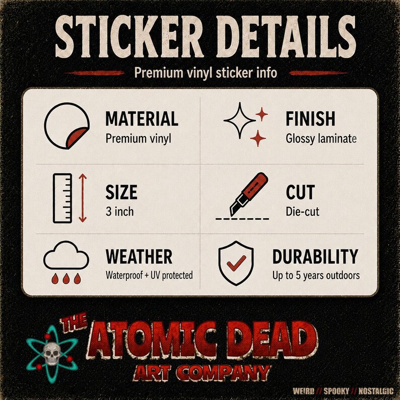 May include: An informational graphic titled STICKER DETAILS with the subtitle Premium vinyl sticker info. It lists features: Material is premium vinyl, finish is glossy laminate, size is 3 inch, cut is die-cut, weather is waterproof and UV protected, and durability is up to 5 years outdoors. The Atomic Dead Art Company logo is at the bottom.
