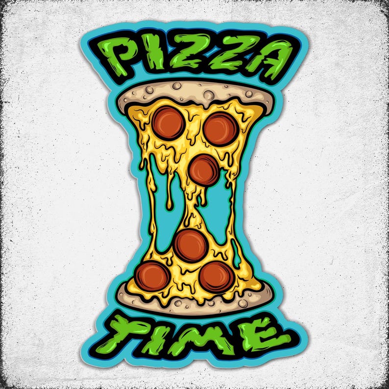 May include: A sticker featuring a pizza slice shaped like an hourglass with melted yellow cheese stretching between the top and bottom crusts. The design includes five pepperoni slices and the green text PIZZA TIME above and below the pizza.