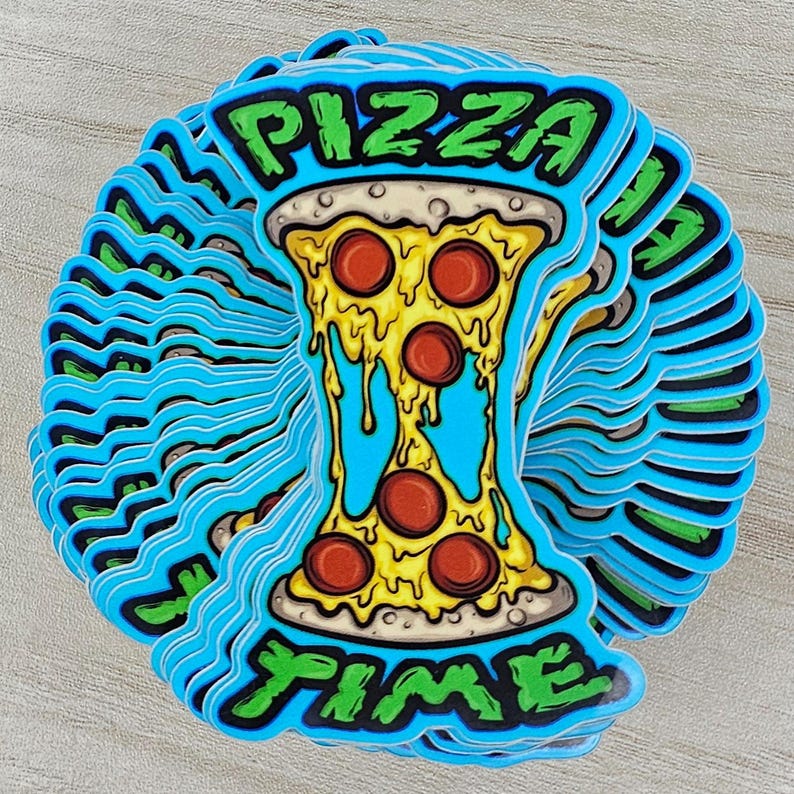 May include: A stack of die-cut stickers featuring a graphic of a slice of pizza with melting yellow cheese and red pepperoni slices. The text PIZZA TIME is written in a green, stylized font above and below the pizza slice on a bright blue background.