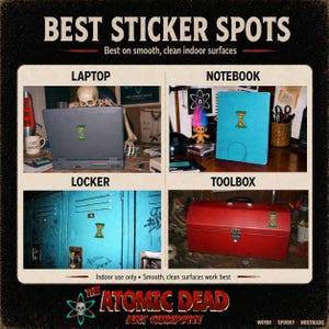 May include: A square informational graphic titled BEST STICKER SPOTS featuring four photographs showing a small sticker applied to a laptop, a blue notebook, a blue metal locker, and a red metal toolbox. The text includes THE ATOMIC DEAD ART COMPANY.