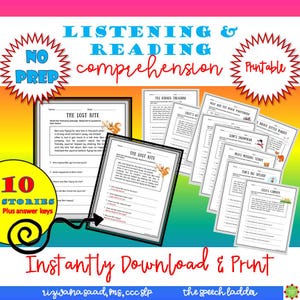 May include: A colorful educational printable featuring "Listening & Reading Comprehension" materials. The image includes worksheets with stories and questions, with the text "The Lost Kite" visible. The design includes the text "10 Stories Plus answer keys".