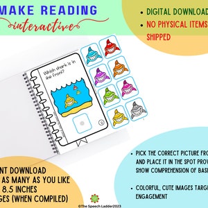 Könnte beinhalten: Ein druckbares Aktivitätsbuch mit 8 Seiten mit bunten Cartoon-Haien. Das Buch enthält eine Seite mit dem Text "Welcher Hai ist vorne?" und eine Seite mit einem leeren Platz, auf den ein Kind ein Hai-Bild legen kann. Das Buch ist 8,5 Zoll mal 8,5 Zoll groß.