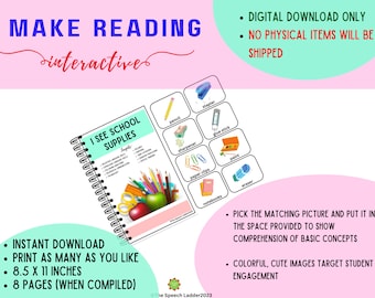 Libro interattivo "I See School Supplies", risorsa di logopedia, download digitale, competenze di base, intervento precoce, libro adattato