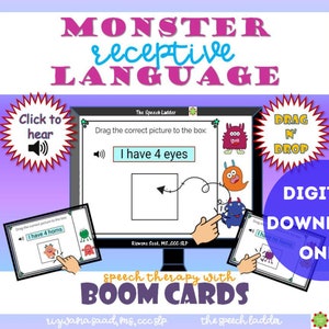 Monsters Receptive Language Boom Cards, Speech Therapy, FollowingDirections, CognitiveProcessing, Autism Resource, SLP Resource, Interactive