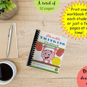 May include: A digital download of a 52-page workbook titled "Flexible Thinking Workbook" with a cartoon brain lifting weights. The text "Print one workbook for each student or just a few pages at a time!" is in a yellow starburst. The text "Digital download only" is in a red starburst.
