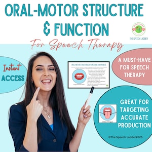 Może przedstawiać: Obraz promujący zasoby terapii mowy. Tekst zawiera "Struktura i Funkcja Oralno-Motoryczna Dla Terapii Mowy", "Natychmiastowy Dostęp" i "Must-Have Dla Terapii Mowy". Obraz przedstawia kobietę wskazującą na diagram ust.