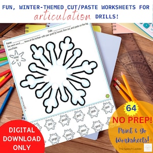 Snowflake Articulation Worksheets, Sound Practice for Articulation, Winter Cut/Paste Worksheets, Speech Therapy Printable Worksheets
