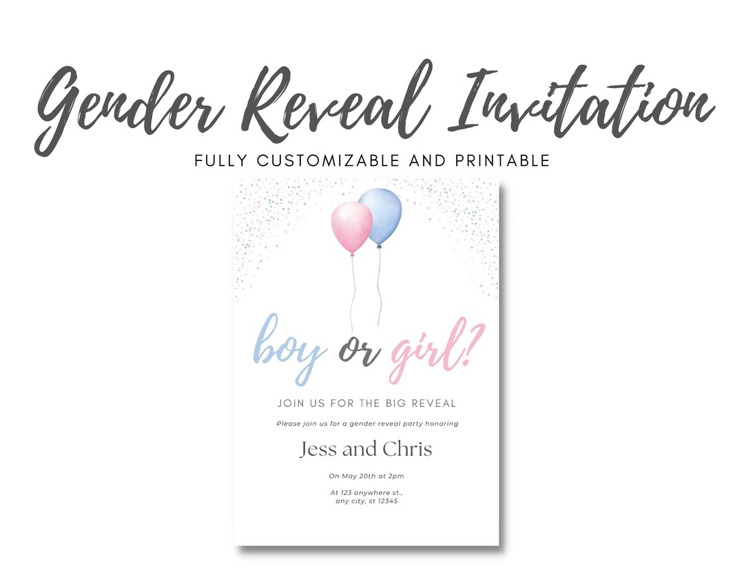 Fully Editable Gender Reveal Invitation. Customizable Gender Reveal
