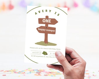 First Birthday Party Invitation. Editable Birthday Invite. First Birthday Invite Instant Download. One Happy Camper. Camping Party Theme.