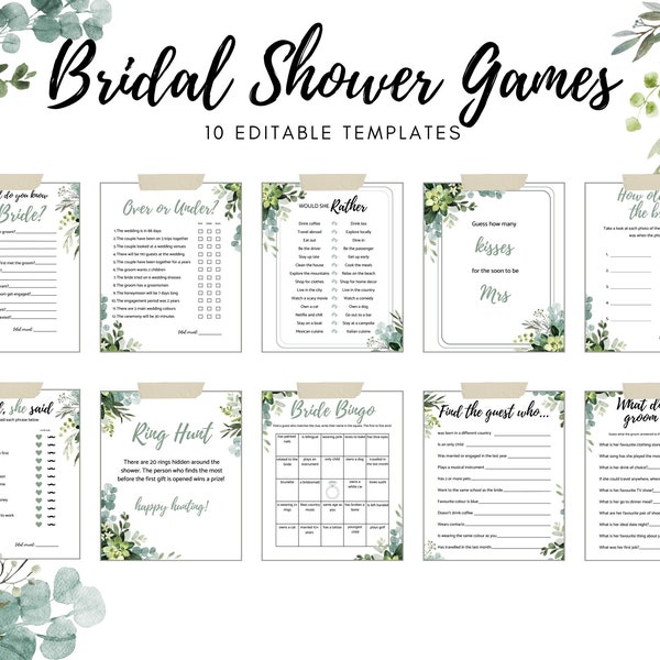 Bridal Shower Games Instant Download. Editable Bridal Shower Game Bundle, Printable Bridal Party Games. Garden Greenery Themed.