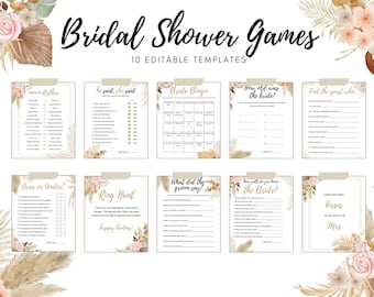 Bridal Shower Games Instant Download. Editable Bridal Shower Game Bundle, Printable Bridal Party Games. Boho Themed.