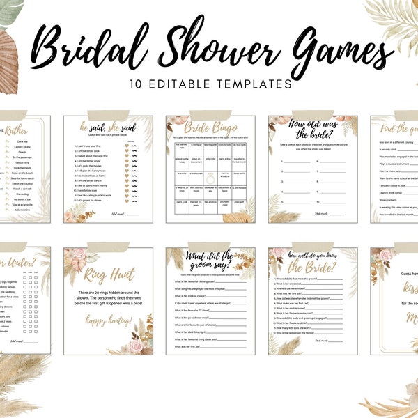 Bridal Shower Games Instant Download. Editable Bridal Shower Game Bundle, Printable Bridal Party Games. Boho Themed.