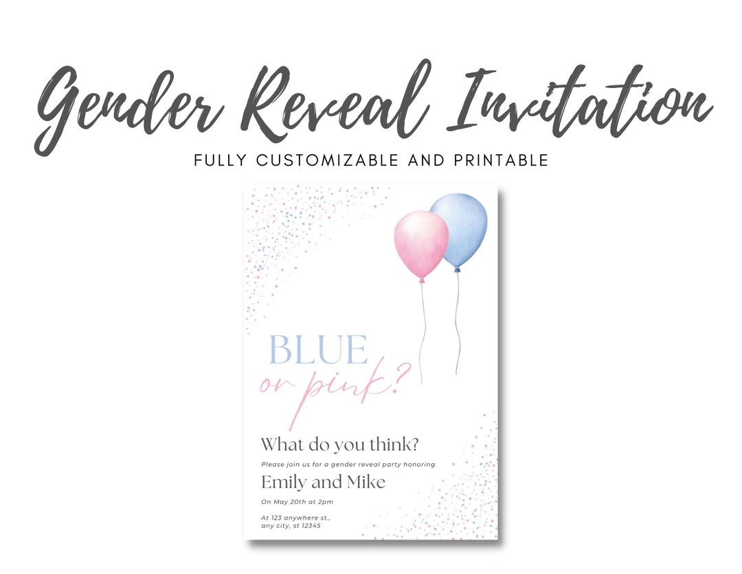 Fully Editable Gender Reveal Invitation. Customizable Gender Reveal