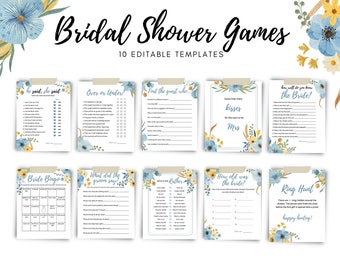 Bridal Shower Games Instant Download. Editable Bridal Shower Game Bundle, Printable Bridal Party Games. Blue and yellow floral theme.