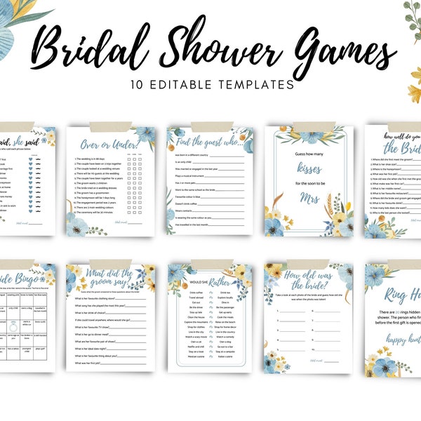Bridal Shower Games Instant Download. Editable Bridal Shower Game Bundle, Printable Bridal Party Games. Blue and yellow floral theme.