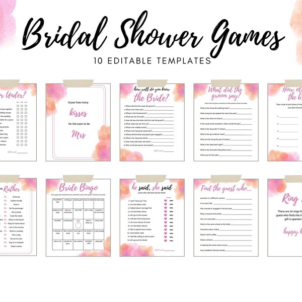 Bridal Shower Games Instant Download. Editable Bridal Shower Game Bundle, Printable Bridal Party Games. Pink Watercolour.