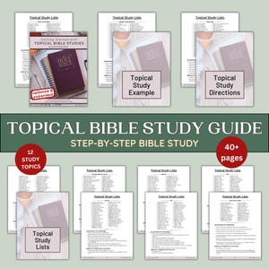 Puede incluir: Una guía de estudio bíblico temático de más de 40 páginas con 12 temas de estudio. El documento incluye páginas impresas con listas de versículos, instrucciones y ejemplos, mostrando una Biblia de color morado oscuro con el texto Holy Bible.