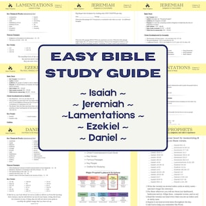 May include: A white rectangular study guide with dark blue text reading EASY BIBLE STUDY GUIDE, Isaiah, Jeremiah, Lamentations, Ezekiel, and Daniel. The background features multiple pages of printed Bible study worksheets with yellow headers and black text.