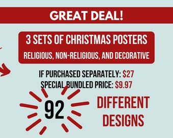 92 Christmas Posters and Signs; 92 different designs; 3 sizes  – 5x7, 8x10, A4 – in vertical and horizontal; Colorful; Inspiring; Fun;