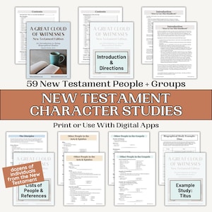 Pode incluir: Uma coleção de documentos educativos intitulada A Great Cloud of Witnesses New Testament Edition, apresentando estudos de personagens, listas de pessoas, referências e uma introdução. As páginas incluem texto, títulos e exemplos de estudo.