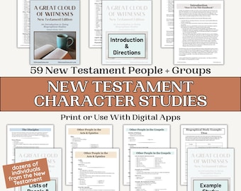 以下が含まれることがあります： A Great Cloud of Witnesses New Testament Editionと題された教育資料のコレクション。登場人物の考察、人名リスト、参考文献、序文が含まれています。各ページにはテキスト、見出し、学習例が記載されています。